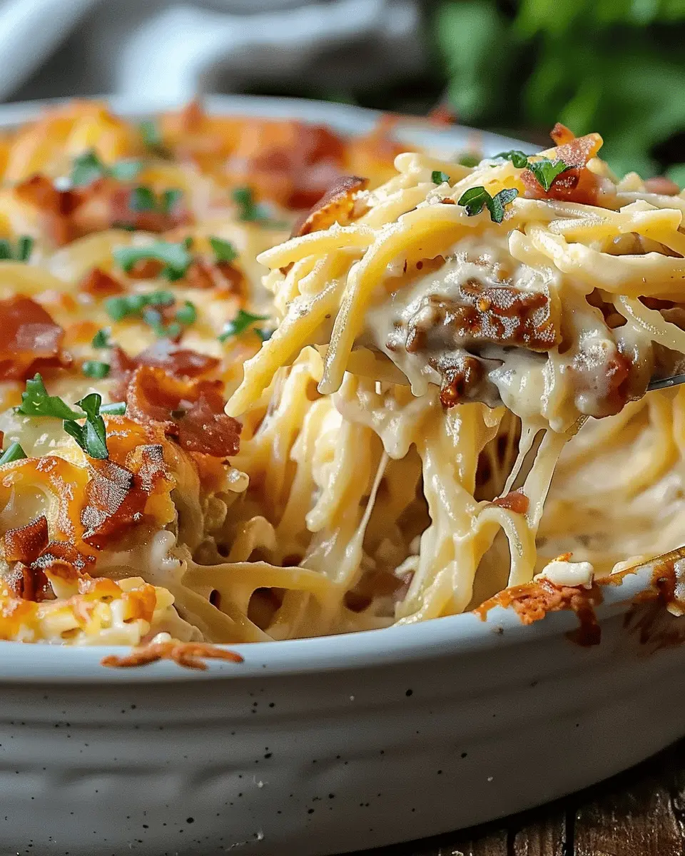 Creamy Southern Spaghetti Bake with Turkey Bacon and Chicken Ham