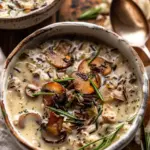 Creamy Wild Rice Chicken Soup with Roasted Mushrooms.