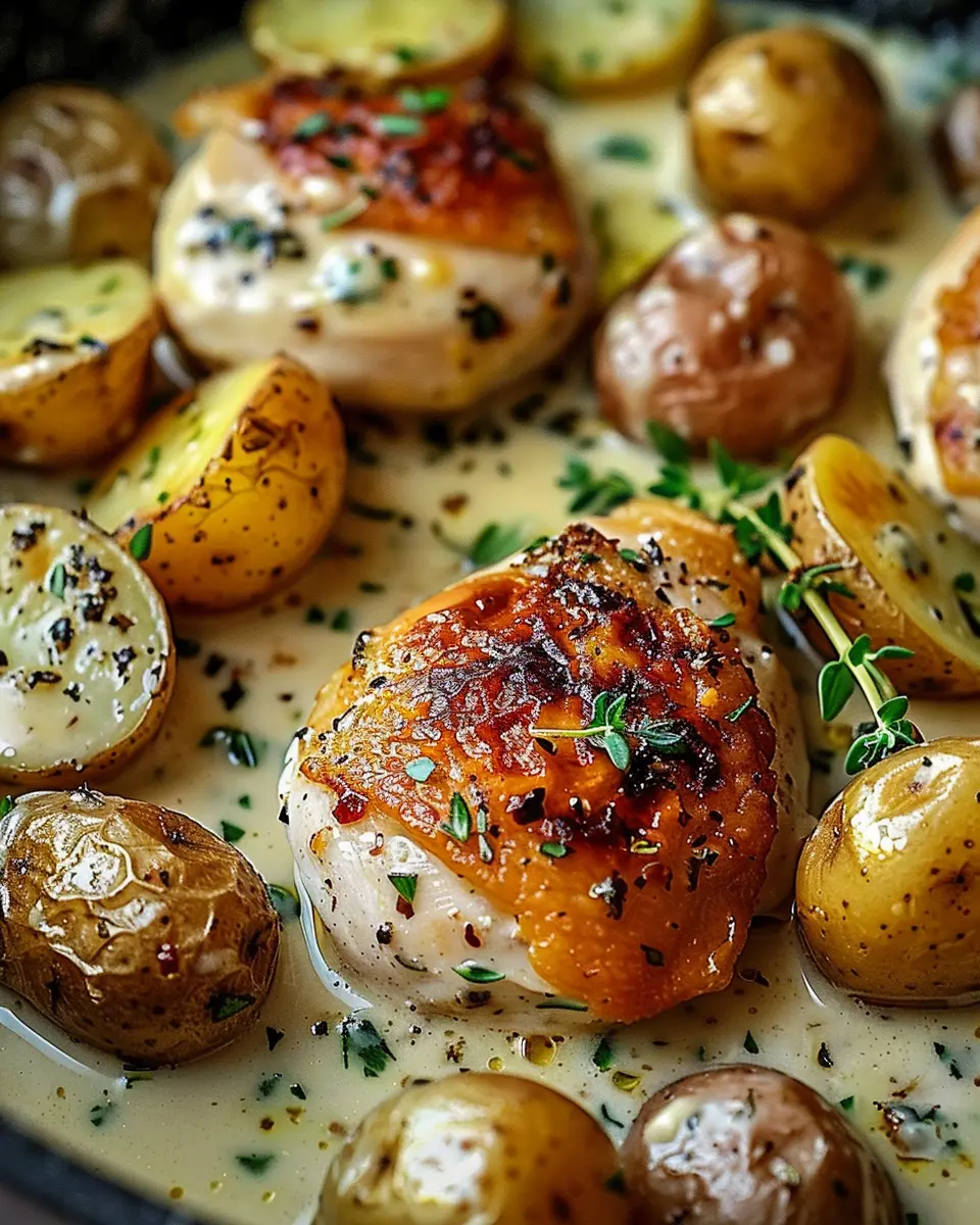 Creamy Garlic Chicken: Indulgent Dinner with Roasted Baby Potatoes