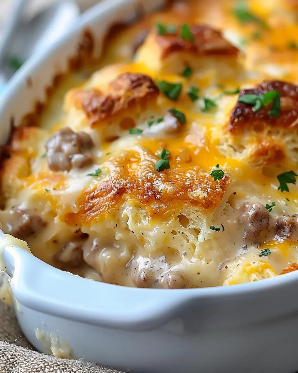 Biscuits and Gravy Breakfast Casserole with Turkey Bacon Delight